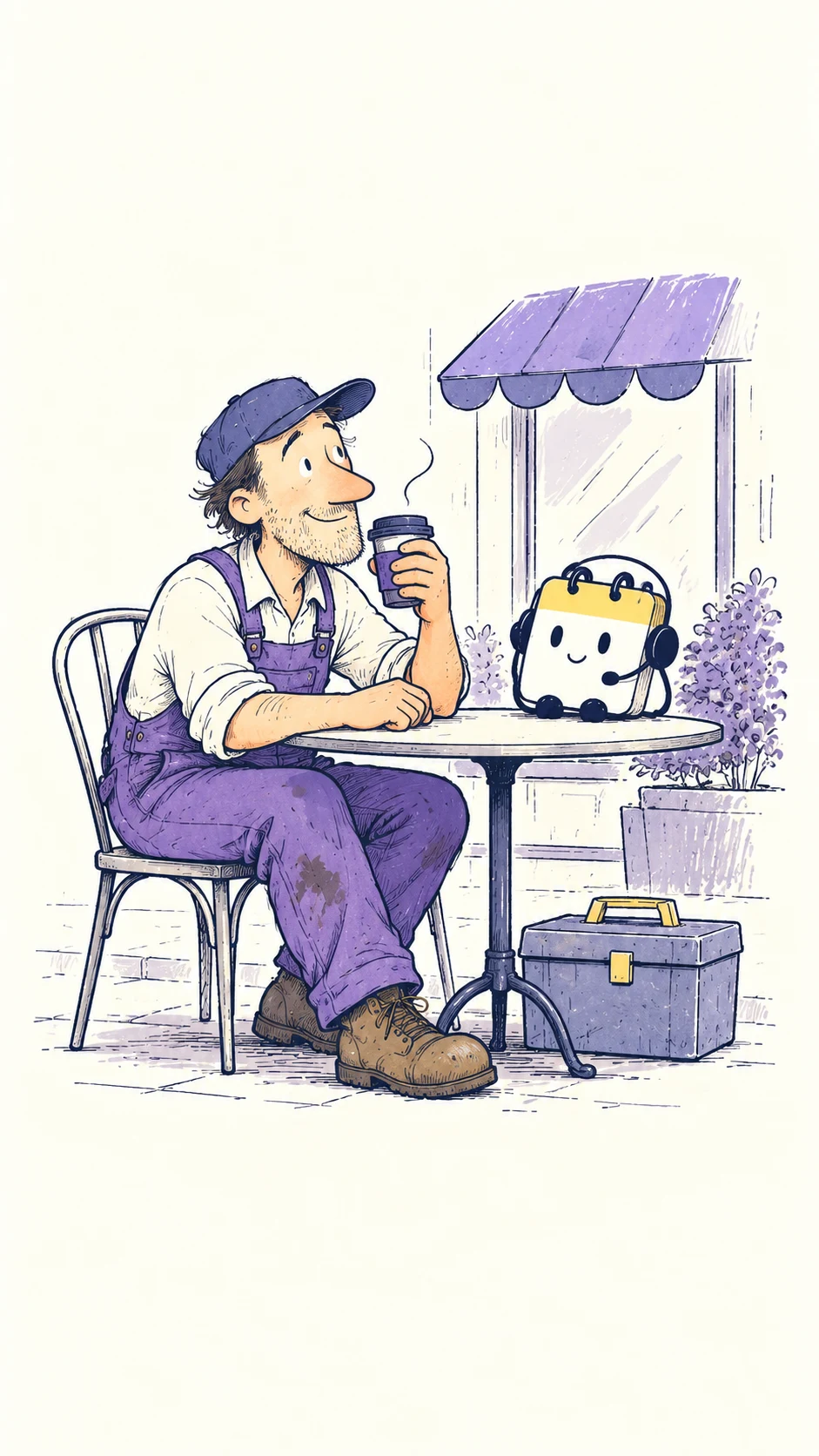 Jeb enjoys his favourite coffee after a job, with his toolbox closed beside him.