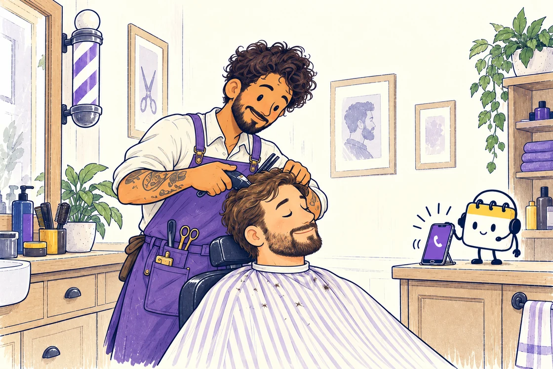 Leo, the curly-haired barber with tattooed arms and a purple apron, finishes a haircut while Scheduley answers the shop phone.