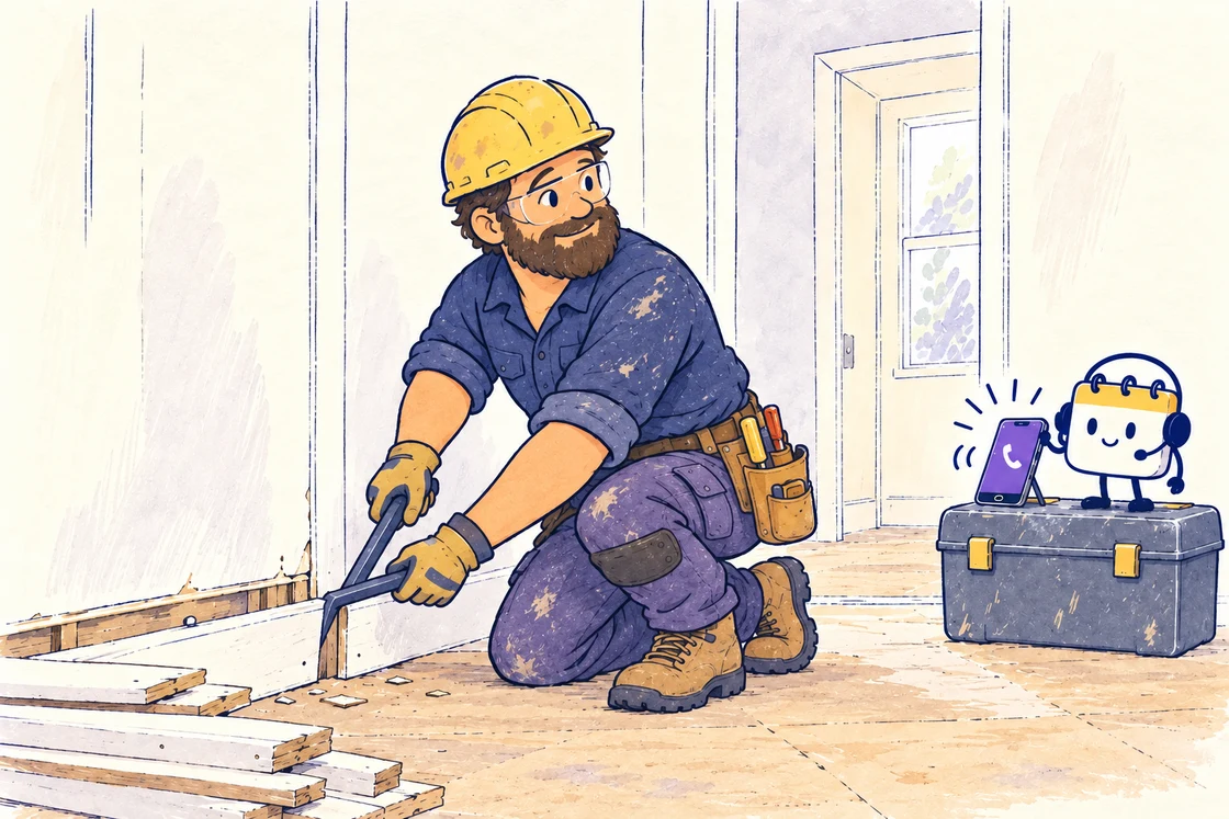 A demolition specialist carefully removes trim while Scheduley handles a call away from the work area.