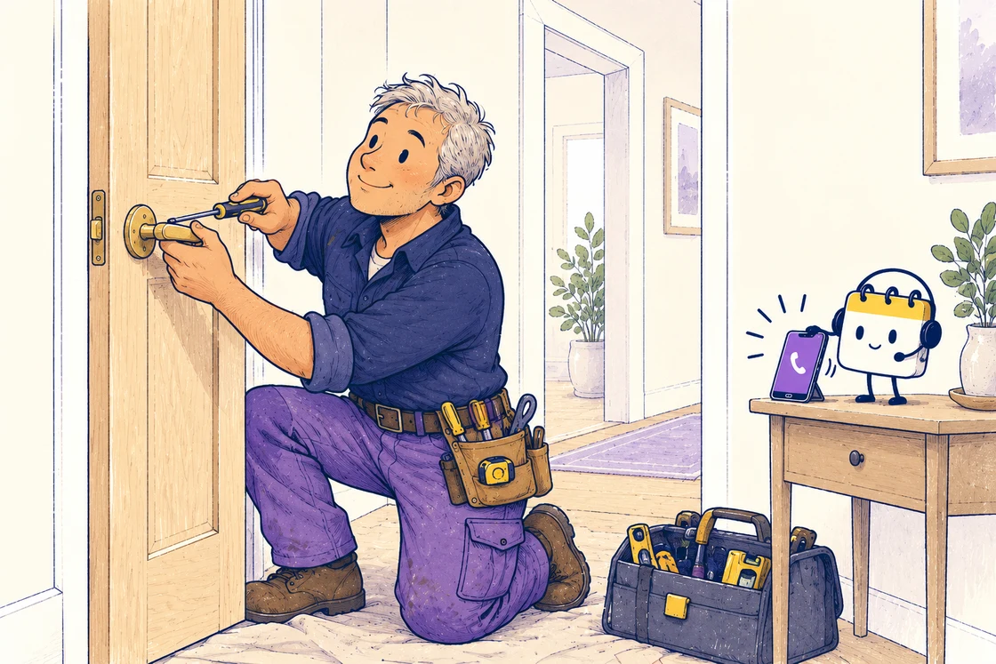 A door installer fits a handle while Scheduley answers the next enquiry.