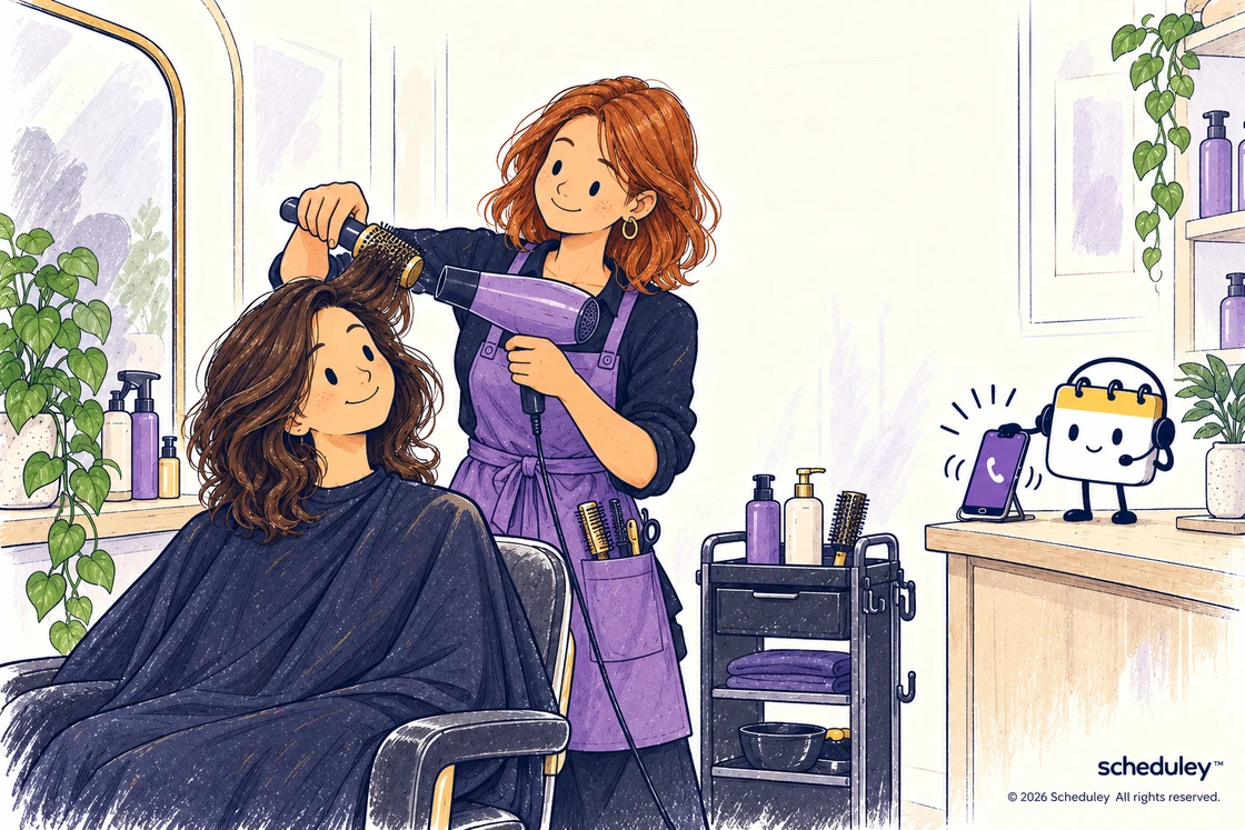 Ella, a copper-haired hairstylist, blow-dries her client's hair while Scheduley answers the salon phone.