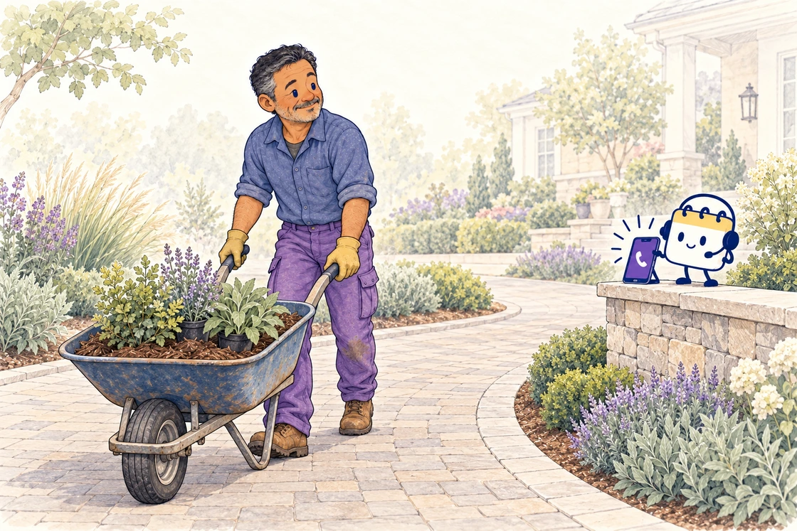 A landscaper guides a wheelbarrow along a paved driveway with planted borders while Scheduley answers the phone on a garden wall.