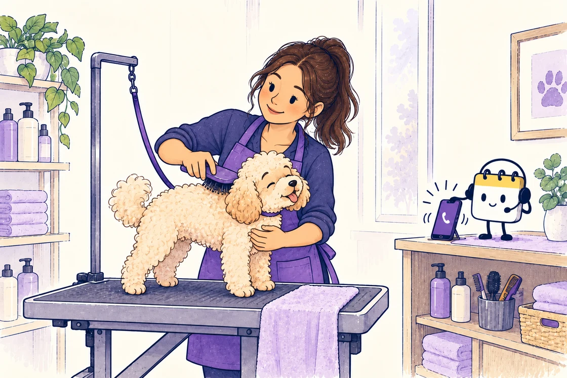 A dog groomer brushes a relaxed poodle while the Scheduley assistant handles the next call.