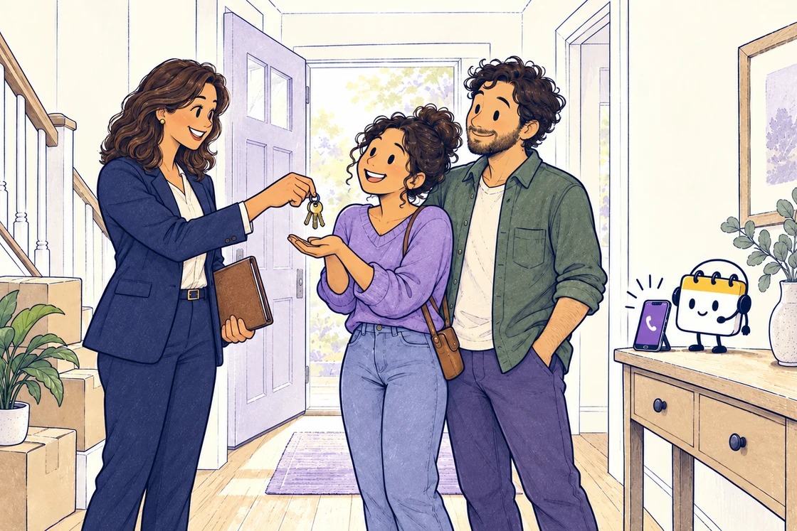 A real-estate agent hands over house keys while Scheduley covers incoming calls.