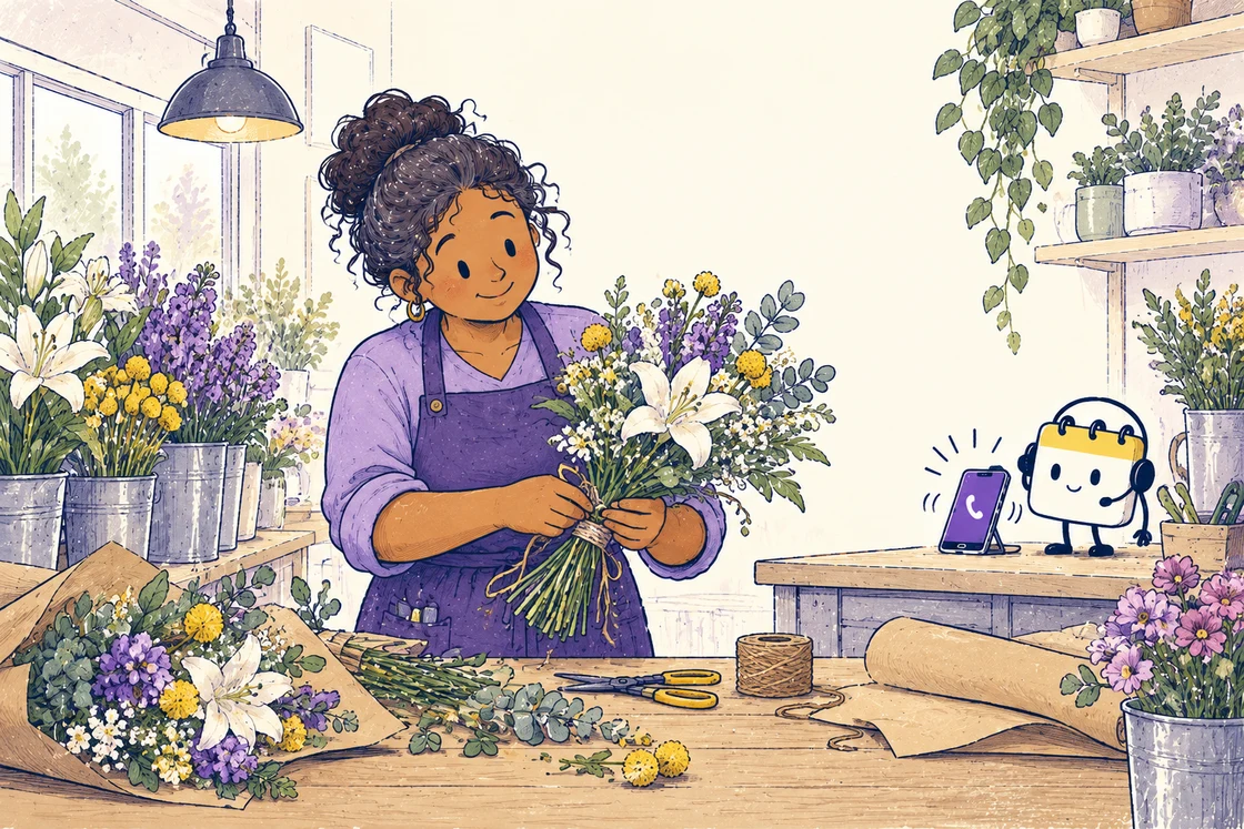 A florist ties a bouquet while Scheduley handles the phone beside her.