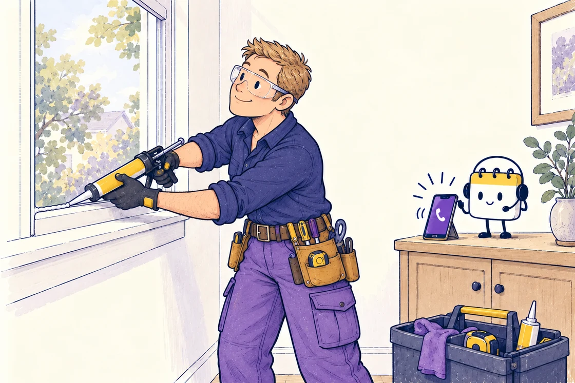 A window installer seals a window frame while Scheduley handles an incoming call.