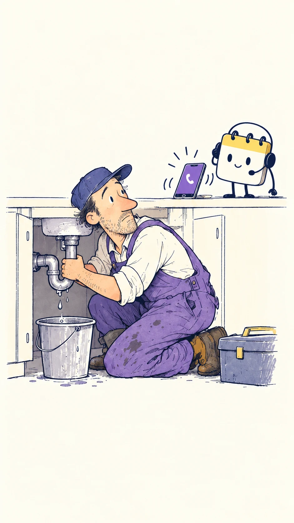 Jeb works on a sink while Scheduley answers the phone beside him.