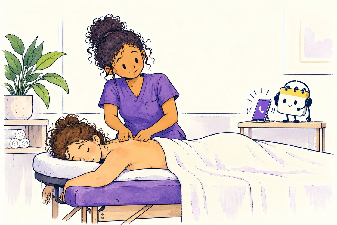 Mia stays with her massage client while Scheduley takes care of a ringing phone.